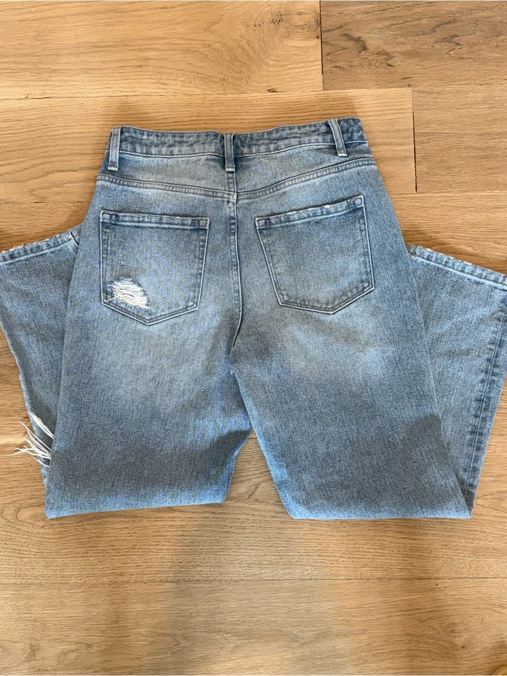 Women's Light Blue Distressed High-Rise Button Jeans Straight Leg - Picture 3 of 7